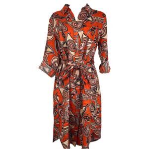 MAGASCHONI Roll Tab Long Sleeve Zentangle Print Linen Shirt Dress M Medium